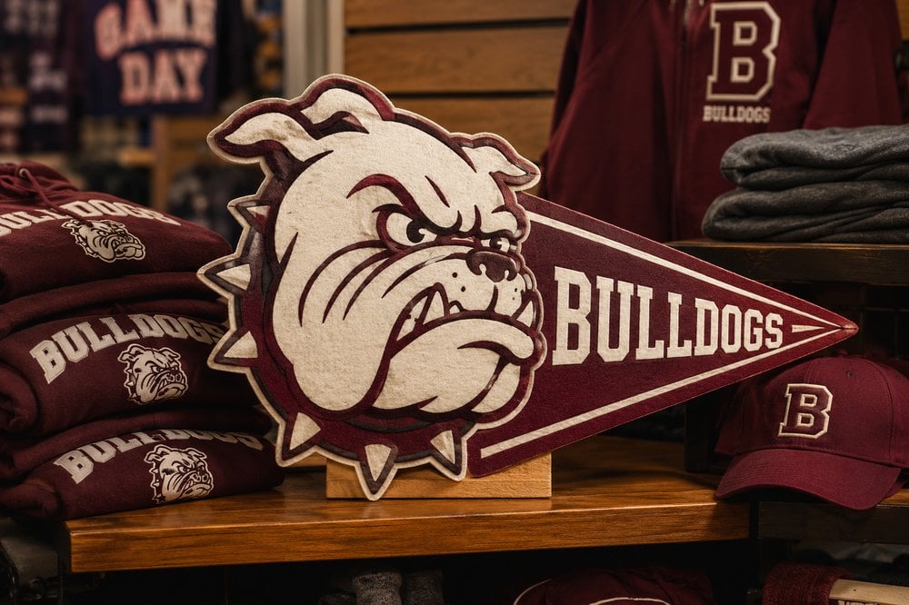 Custom die-cut custom-shape pennant branded with a school or team logo