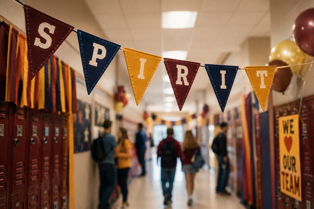 Custom felt pennant string banner branded with a school or team logo
